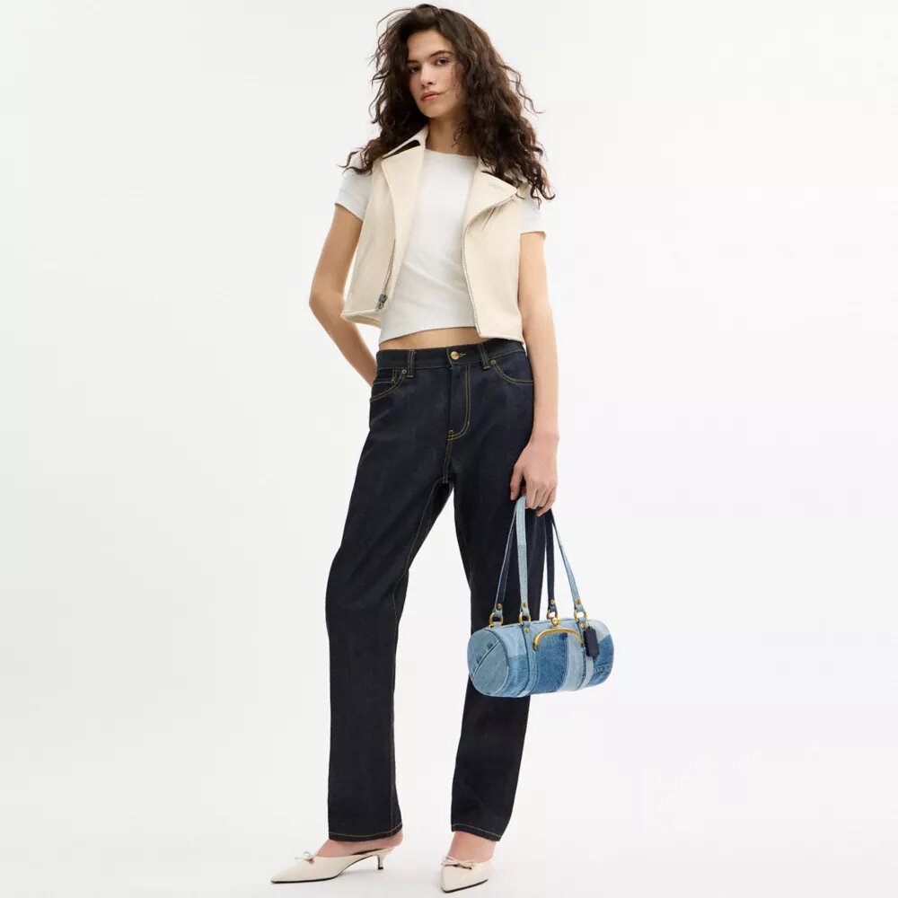 Bolso cilíndrico con cierre Kisslock de 28 en denim reciclado