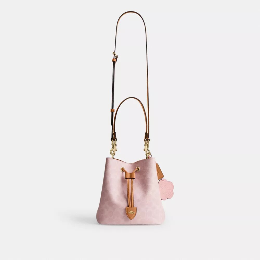 Bolso tipo cubeta Rowan en Signature Canvas con Charms