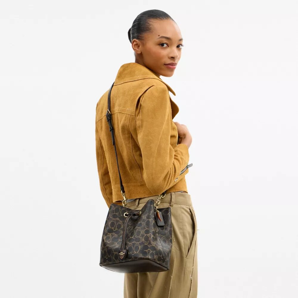 Bolso tipo cubeta Rowan en Signature Canvas con Charms