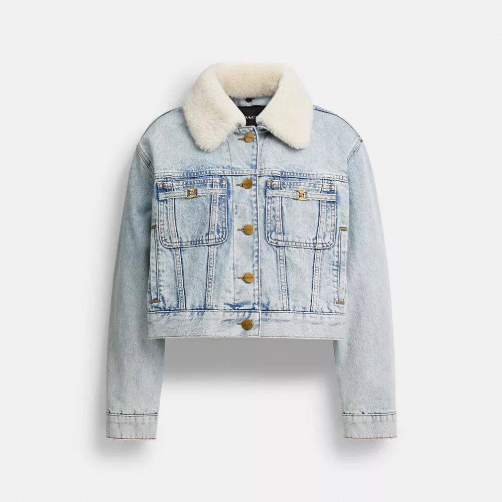 Chaqueta trucker corta de denim Heritage C de algodón orgánico con cuello de piel de oveja