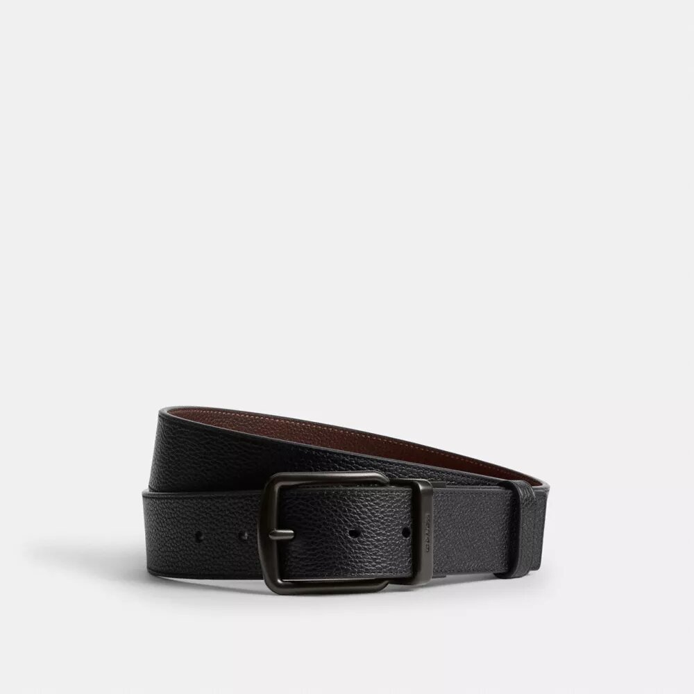 Cinturón reversible a medida con placa en caja y hebilla tipo arnés, 38 mm