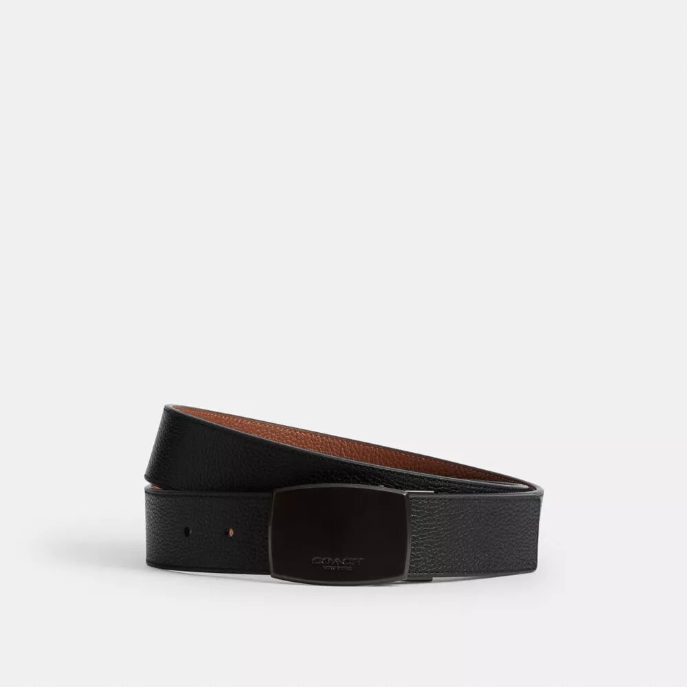 Cinturón reversible a medida con placa en caja y hebilla tipo arnés, 38 mm