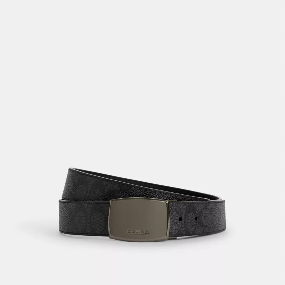 Cinturón reversible a medida con placa en caja y hebilla tipo arnés, 38 mm