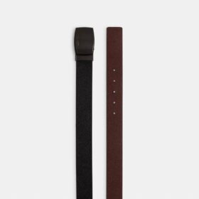 Cinturón reversible a medida con placa en caja y hebilla tipo arnés, 38 mm