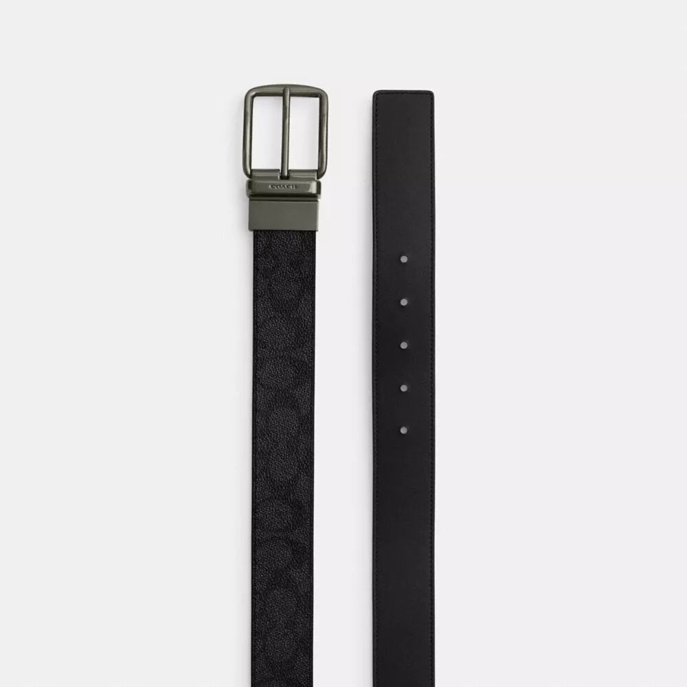 Cinturón reversible a medida con placa en caja y hebilla tipo arnés, 38 mm