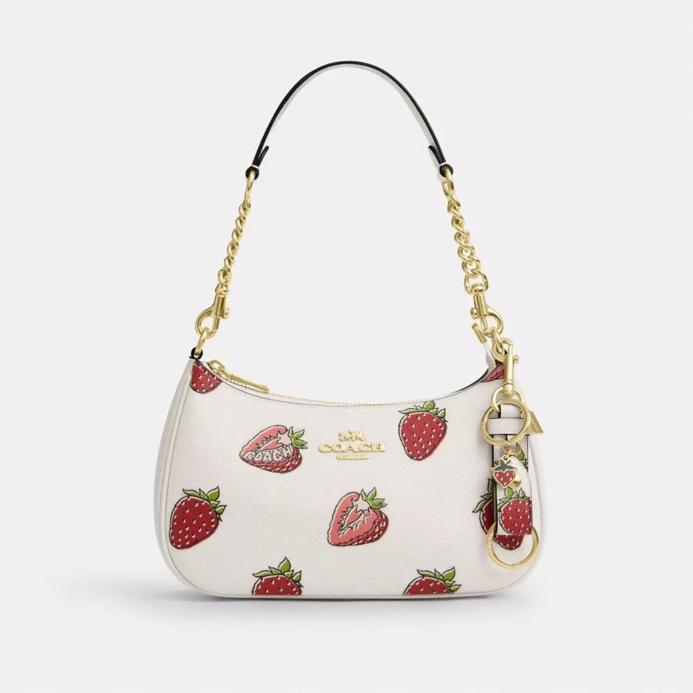 Colgante para bolsos con cierre de resorte y estampado de fresas