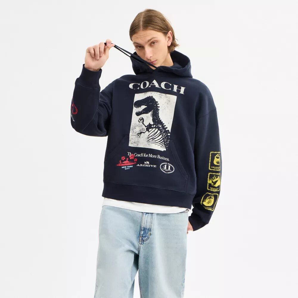 Sudadera con capucha holgada y collage de dinosaurios en algodón orgánico